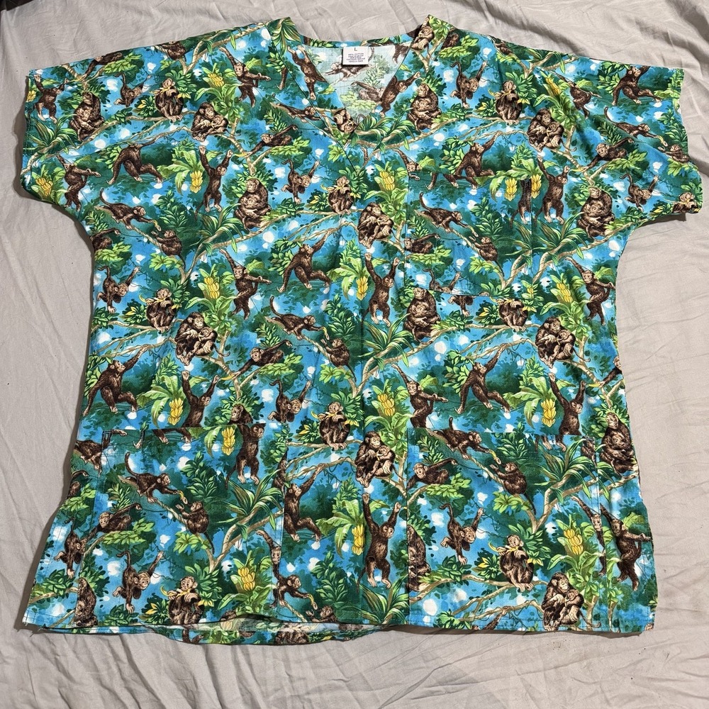 S.C.R.U.B.S. Nurse Scrub Top Womens L Multicolor Monkey Print V-Neck Pockets